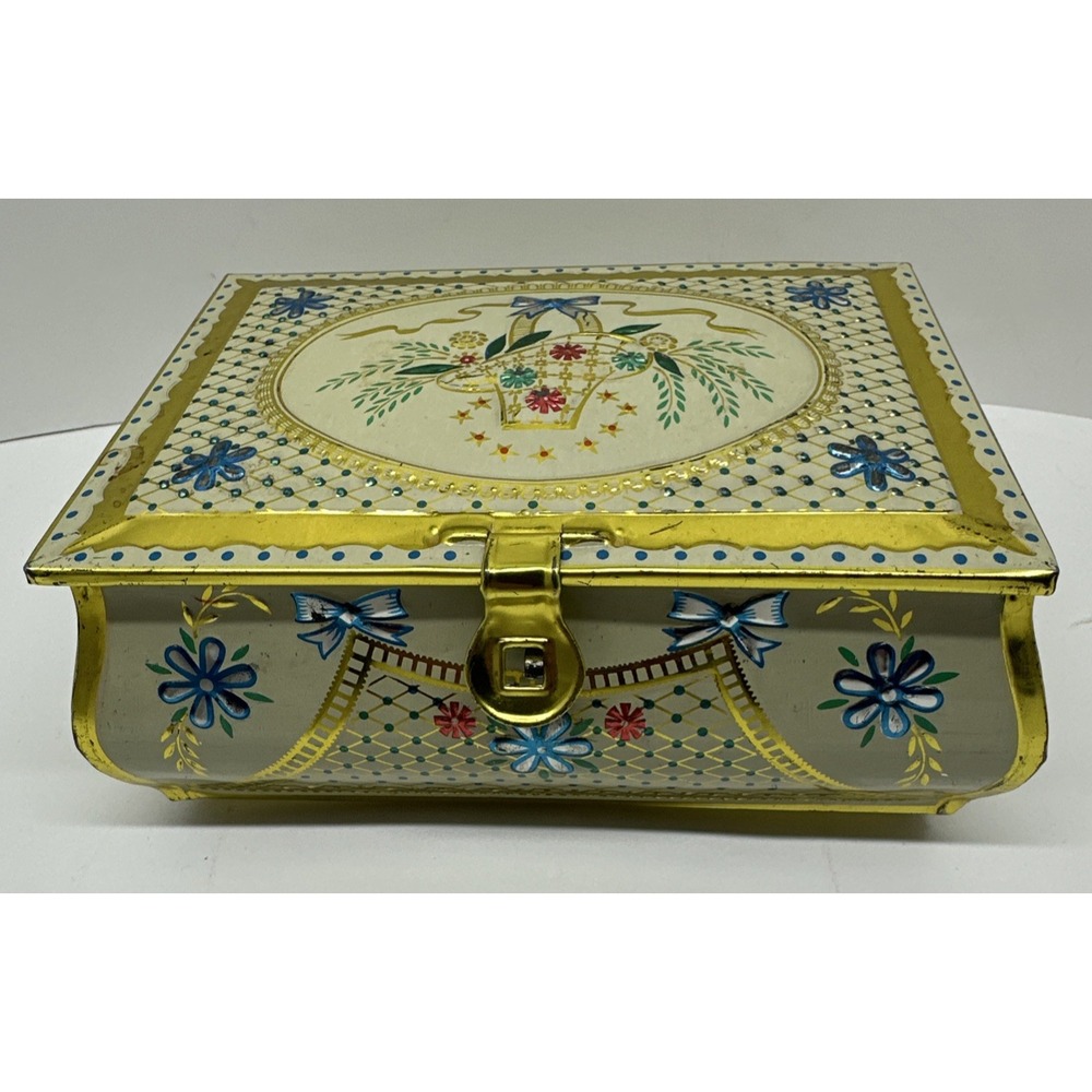 Vintage SLK Co Tin Metal Trinket Box Treasure Chest Container Gold Floral Latch